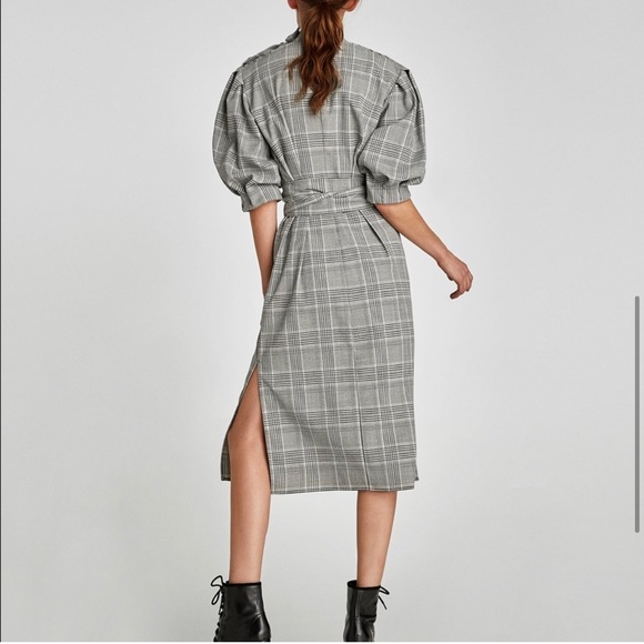 ZARA gray plaid checkered puff sleeve dress M - Picture 6 of 13